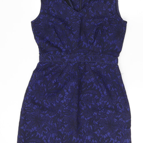 Uttam Boutique Womens Blue Floral Cotton A-Line  Size 12  V-Neck Zip