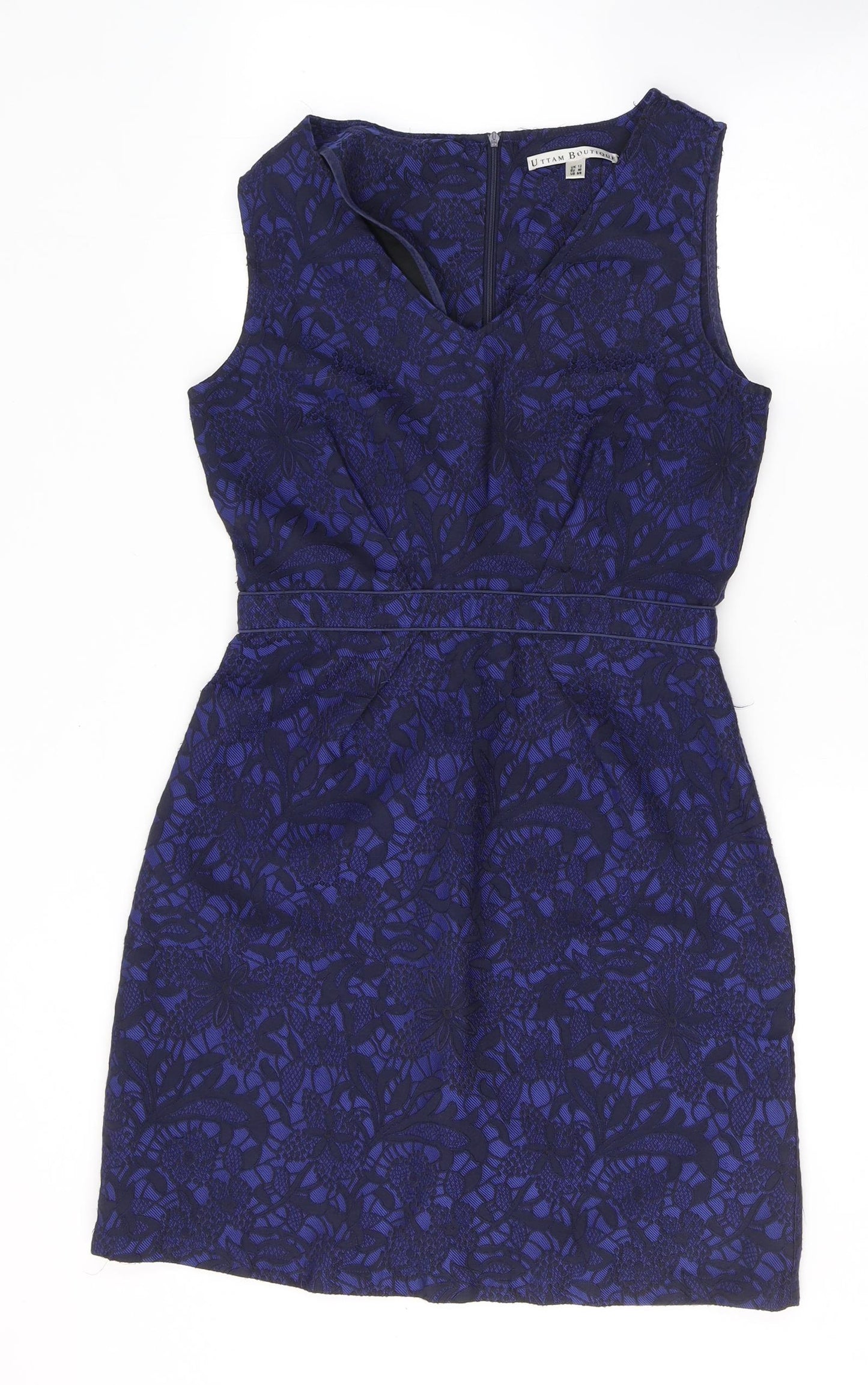 Uttam Boutique Womens Blue Floral Cotton A-Line  Size 12  V-Neck Zip