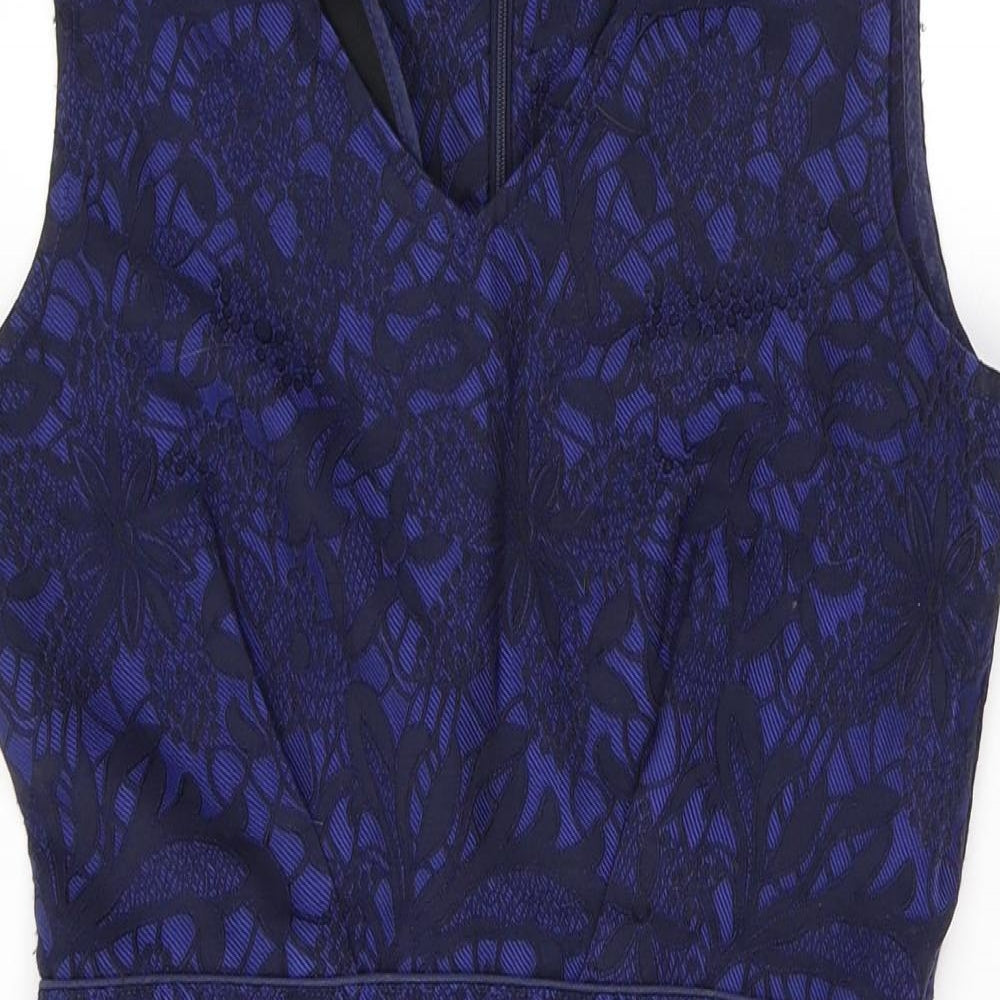 Uttam Boutique Womens Blue Floral Cotton A-Line  Size 12  V-Neck Zip