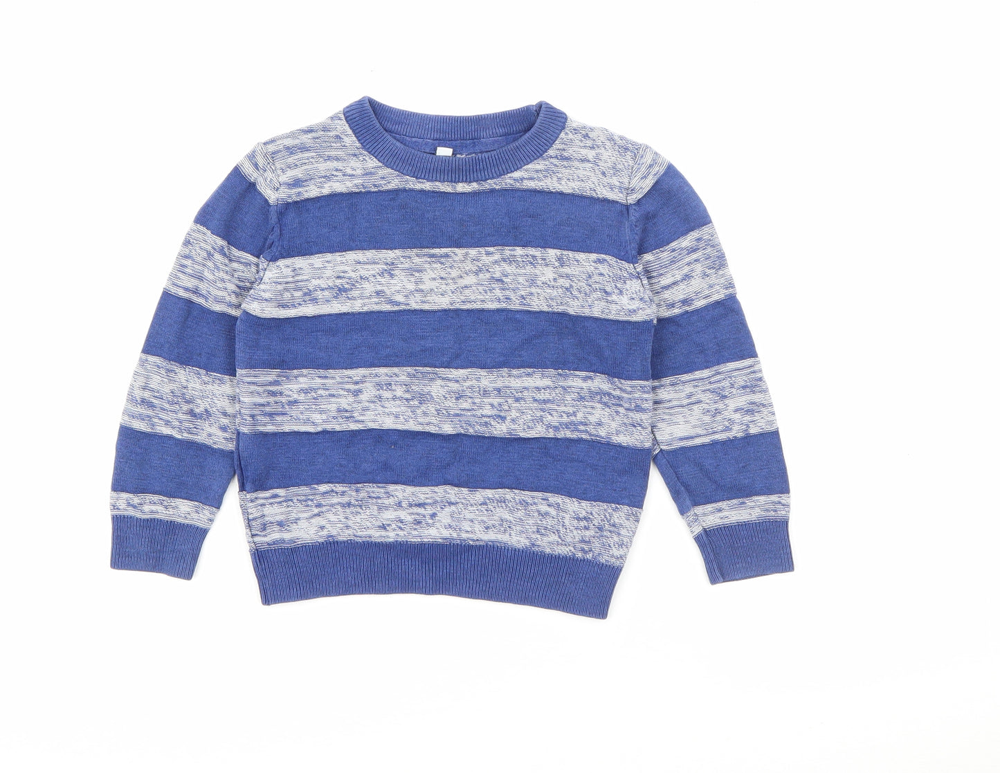 Marks and Spencer Boys Blue Crew Neck Striped Cotton Pullover Jumper Size 2-3 Years