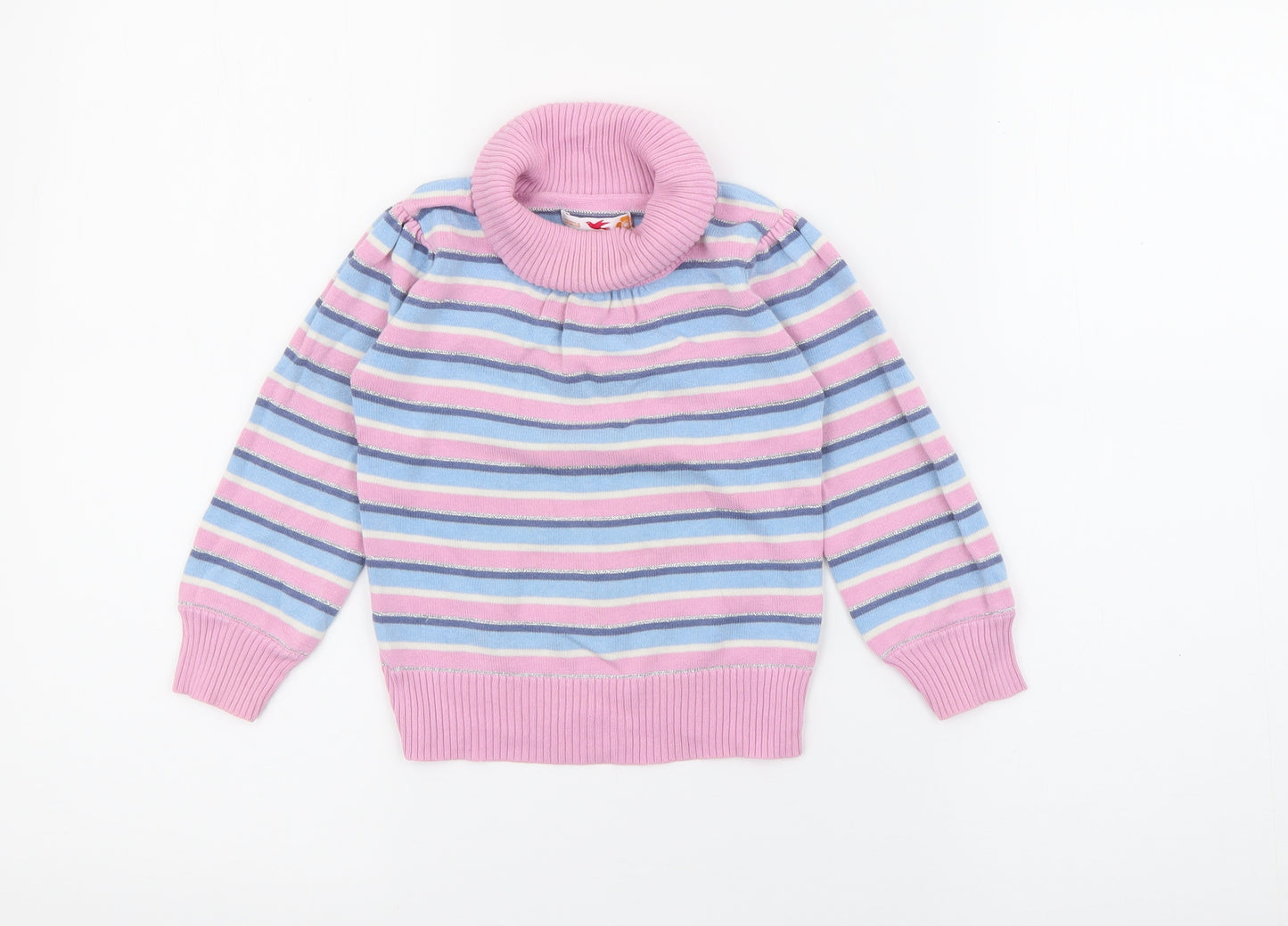 Marks and Spencer Girls Pink Roll Neck Striped Cotton Pullover Jumper Size 2-3 Years