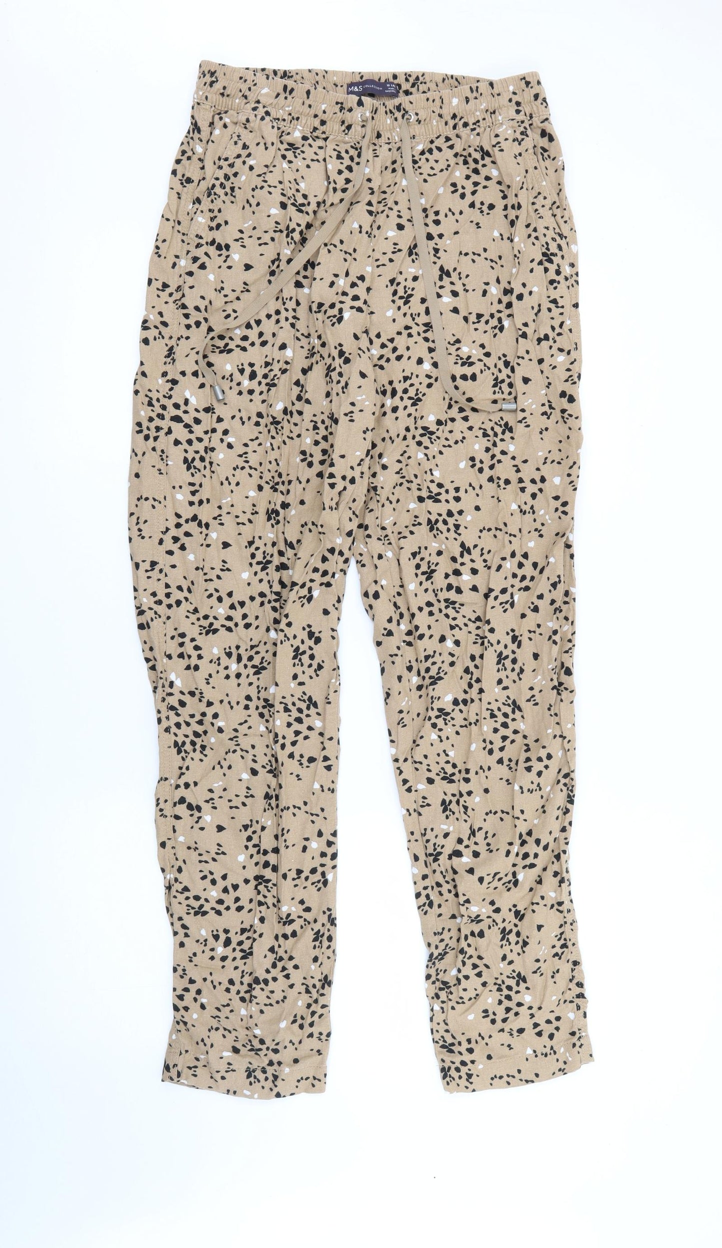 Marks and Spencer Womens Beige Geometric Flax Trousers  Size 10 L29 in Regular