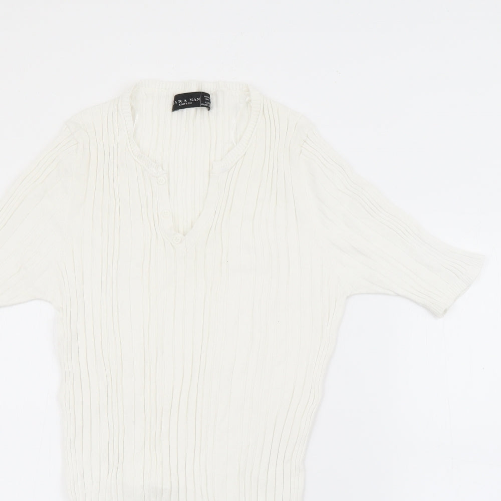 Zara Mens White V-Neck  Viscose Pullover Jumper Size XL