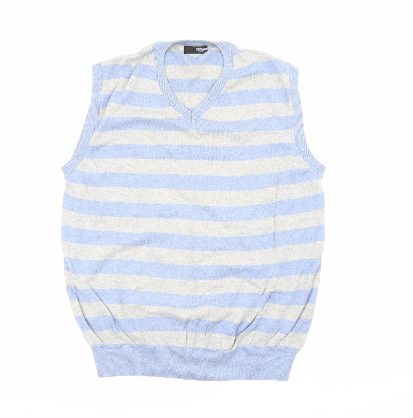 NEXT Mens Blue V-Neck Striped Cotton Pullover Jumper Size L
