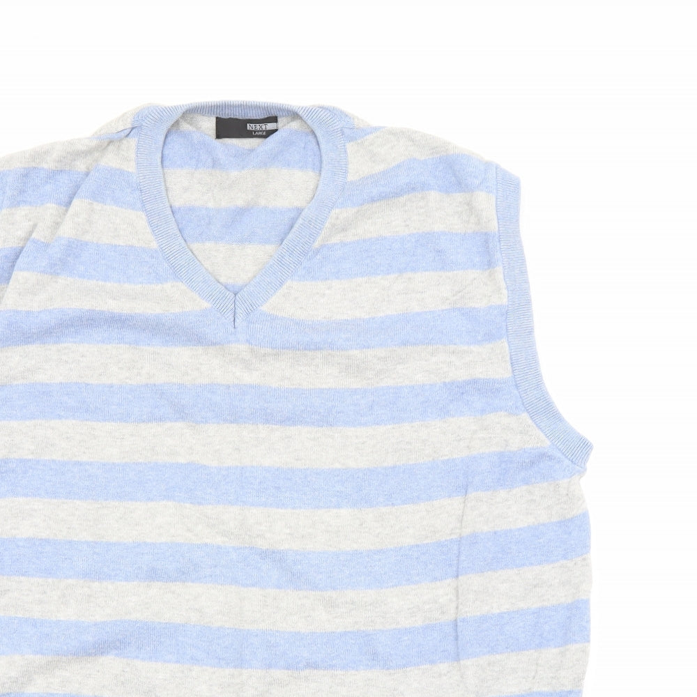 NEXT Mens Blue V-Neck Striped Cotton Pullover Jumper Size L