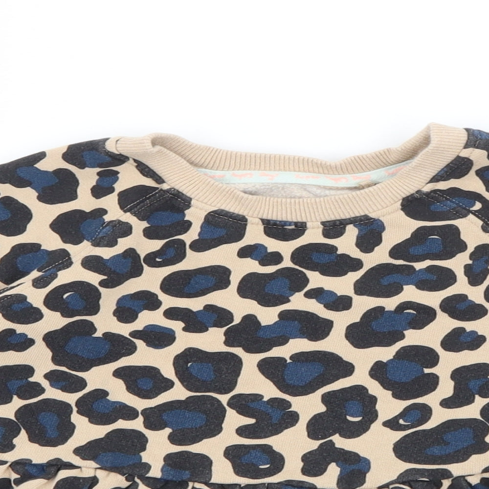 NEXT Girls Beige Animal Print Cotton Jumper Dress  Size 3-4 Years  Crew Neck