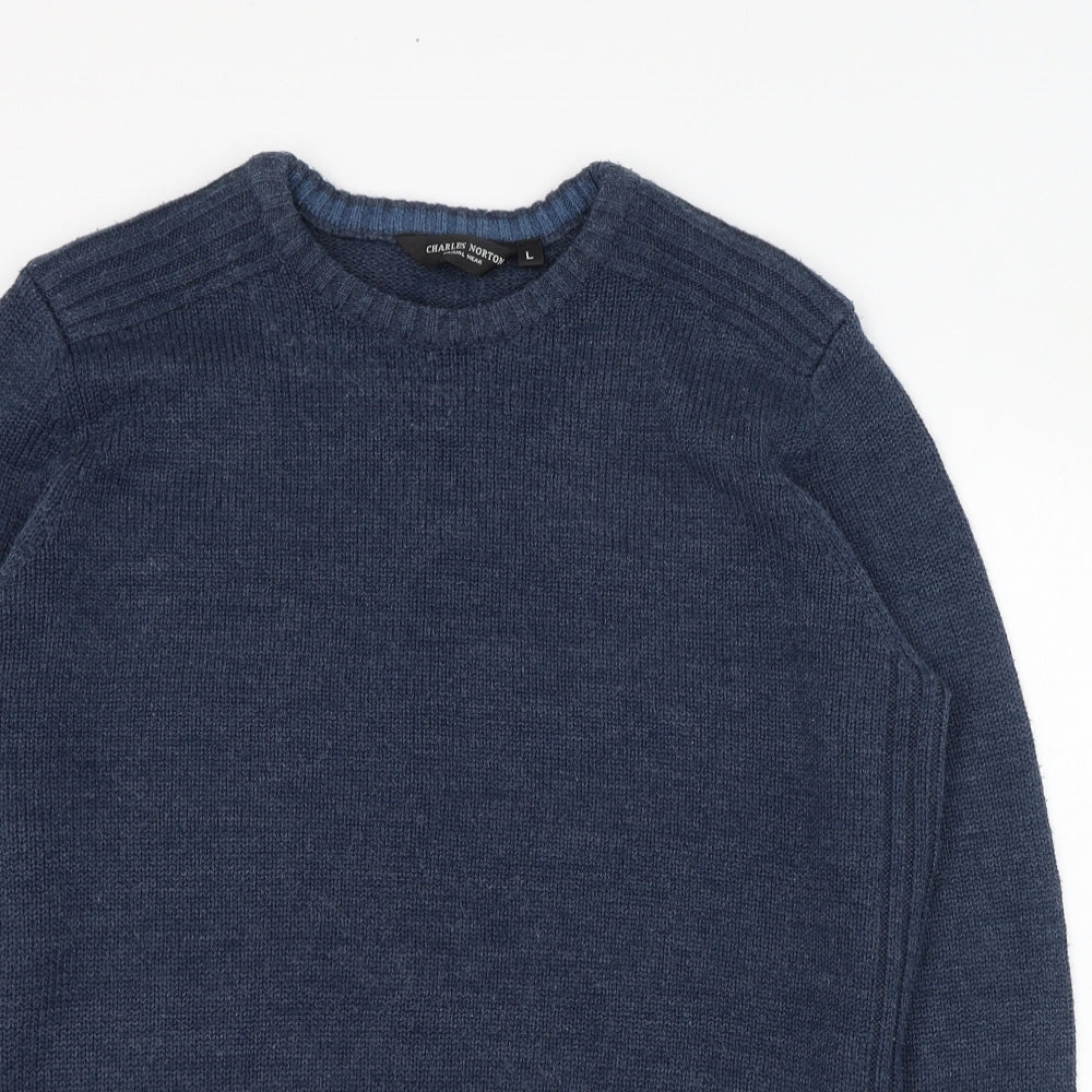 Charles Norton Mens Blue Round Neck  Acrylic Pullover Jumper Size L