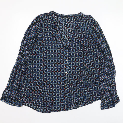 Oasis Womens Blue Geometric Viscose Basic Button-Up Size 14 V-Neck