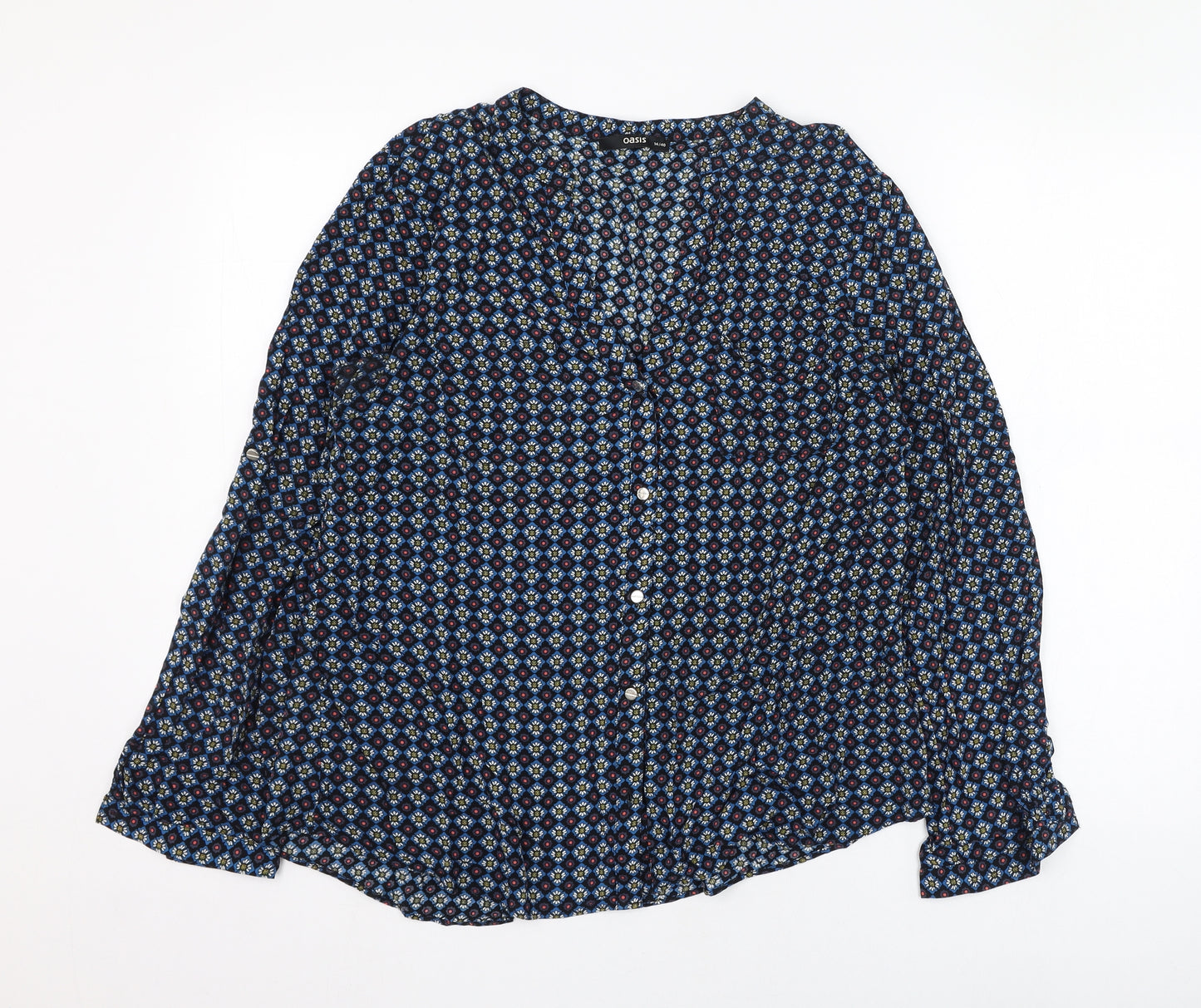 Oasis Womens Blue Geometric Viscose Basic Button-Up Size 14 V-Neck