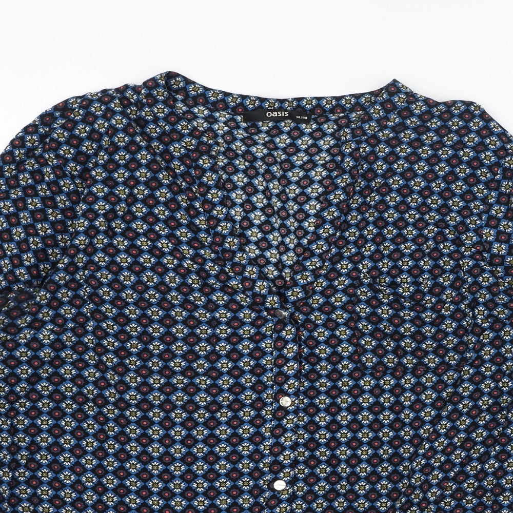 Oasis Womens Blue Geometric Viscose Basic Button-Up Size 14 V-Neck