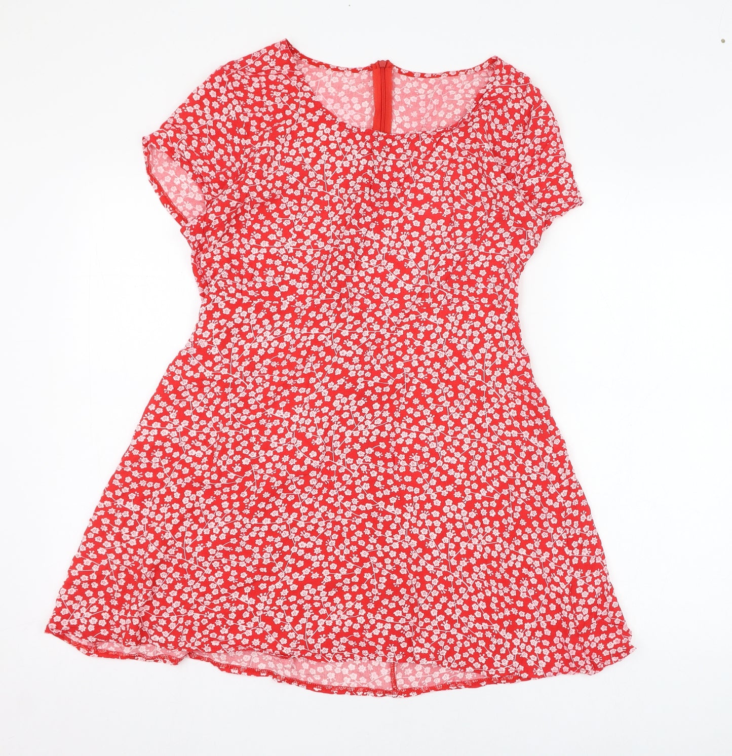 Preworn Womens Red Floral Polyester Skater Dress  Size XL  Round Neck Zip