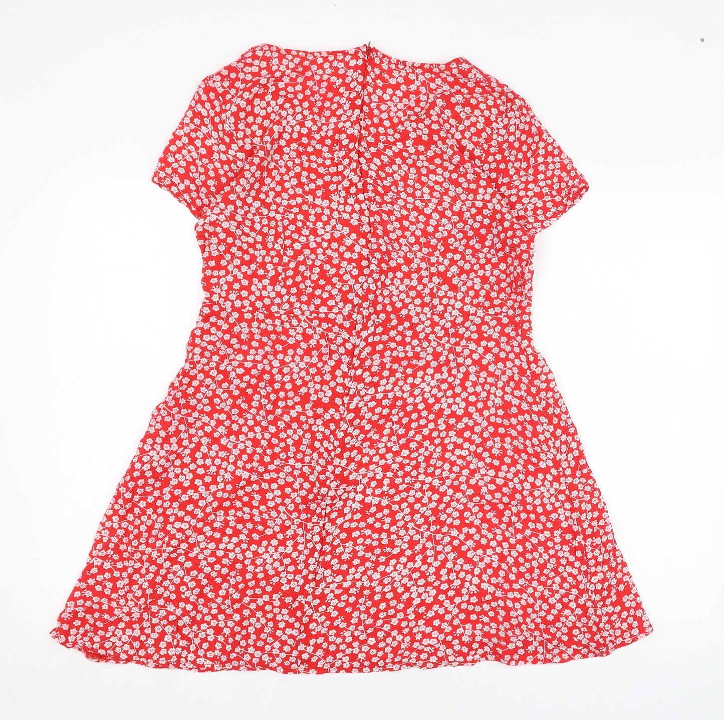 Preworn Womens Red Floral Polyester Skater Dress  Size XL  Round Neck Zip