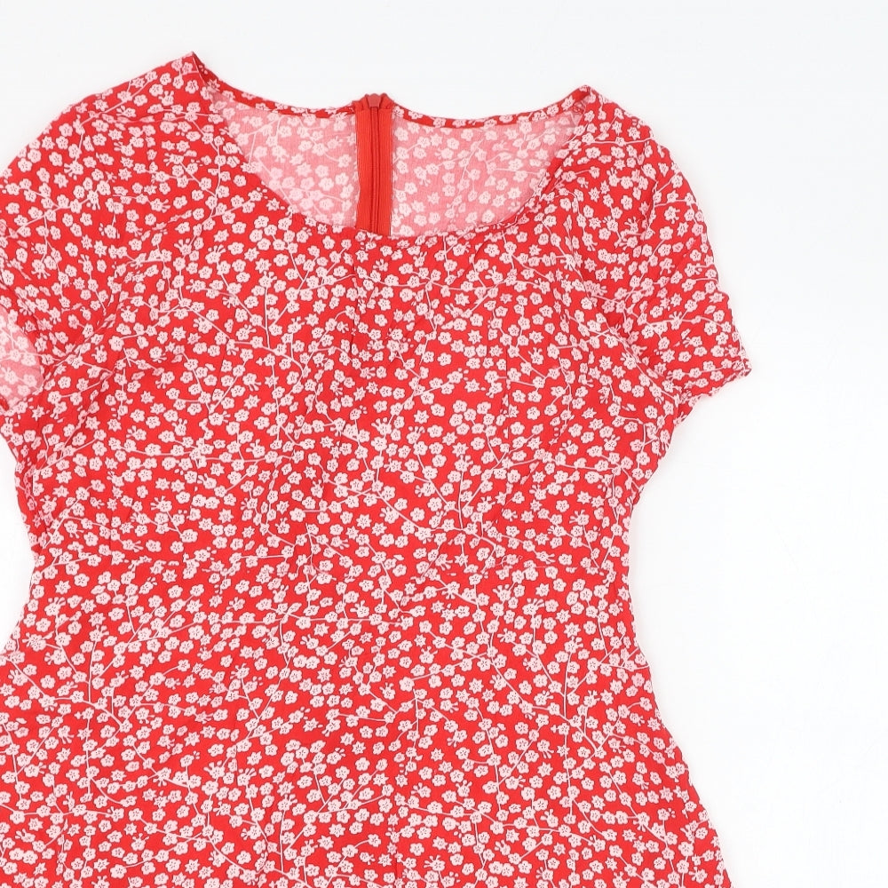 Preworn Womens Red Floral Polyester Skater Dress  Size XL  Round Neck Zip