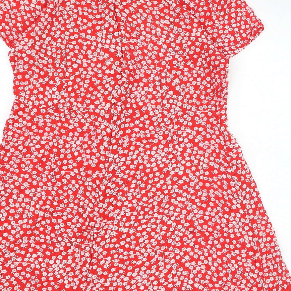 Preworn Womens Red Floral Polyester Skater Dress  Size XL  Round Neck Zip