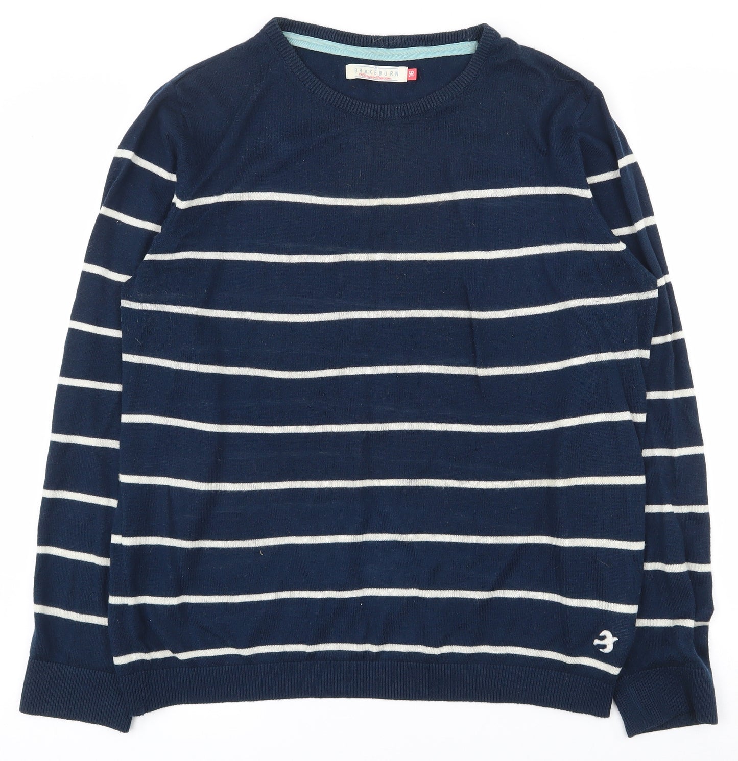 Brakeburn Womens Blue Round Neck Striped Cotton Pullover Jumper Size 16