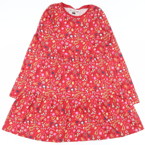 F&F Girls Red Geometric 100% Cotton Fit & Flare  Size 11-12 Years  Round Neck Pullover - Christmas Dress