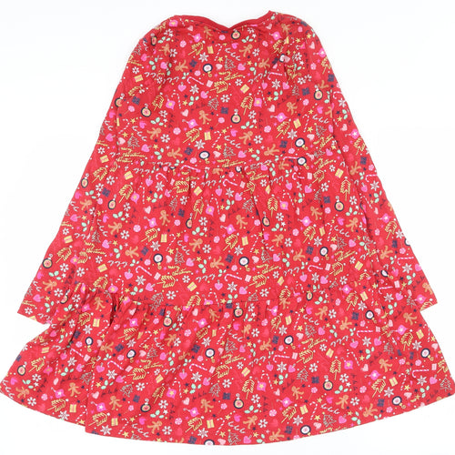 F&F Girls Red Geometric 100% Cotton Fit & Flare  Size 11-12 Years  Round Neck Pullover - Christmas Dress