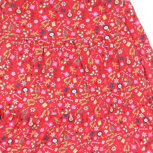 F&F Girls Red Geometric 100% Cotton Fit & Flare  Size 11-12 Years  Round Neck Pullover - Christmas Dress