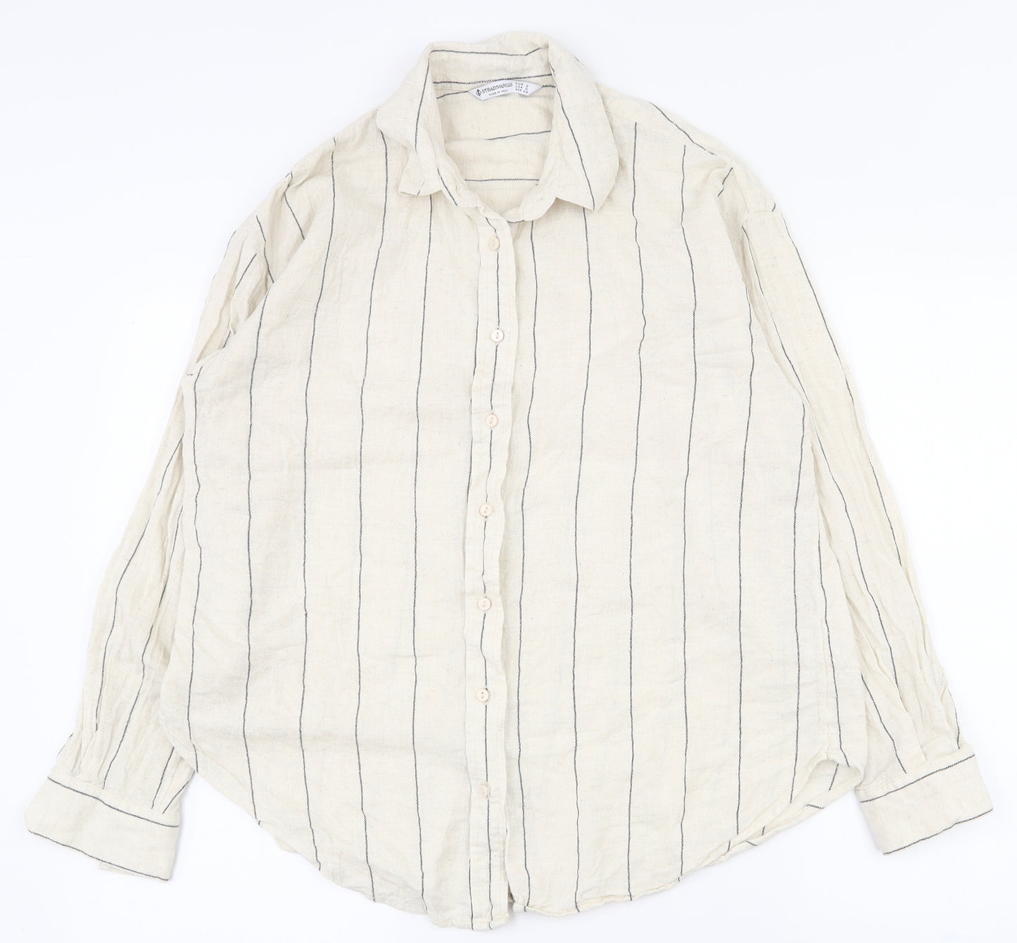 Stradivarius Womens Beige Striped Cotton Basic Button-Up Size S Collared
