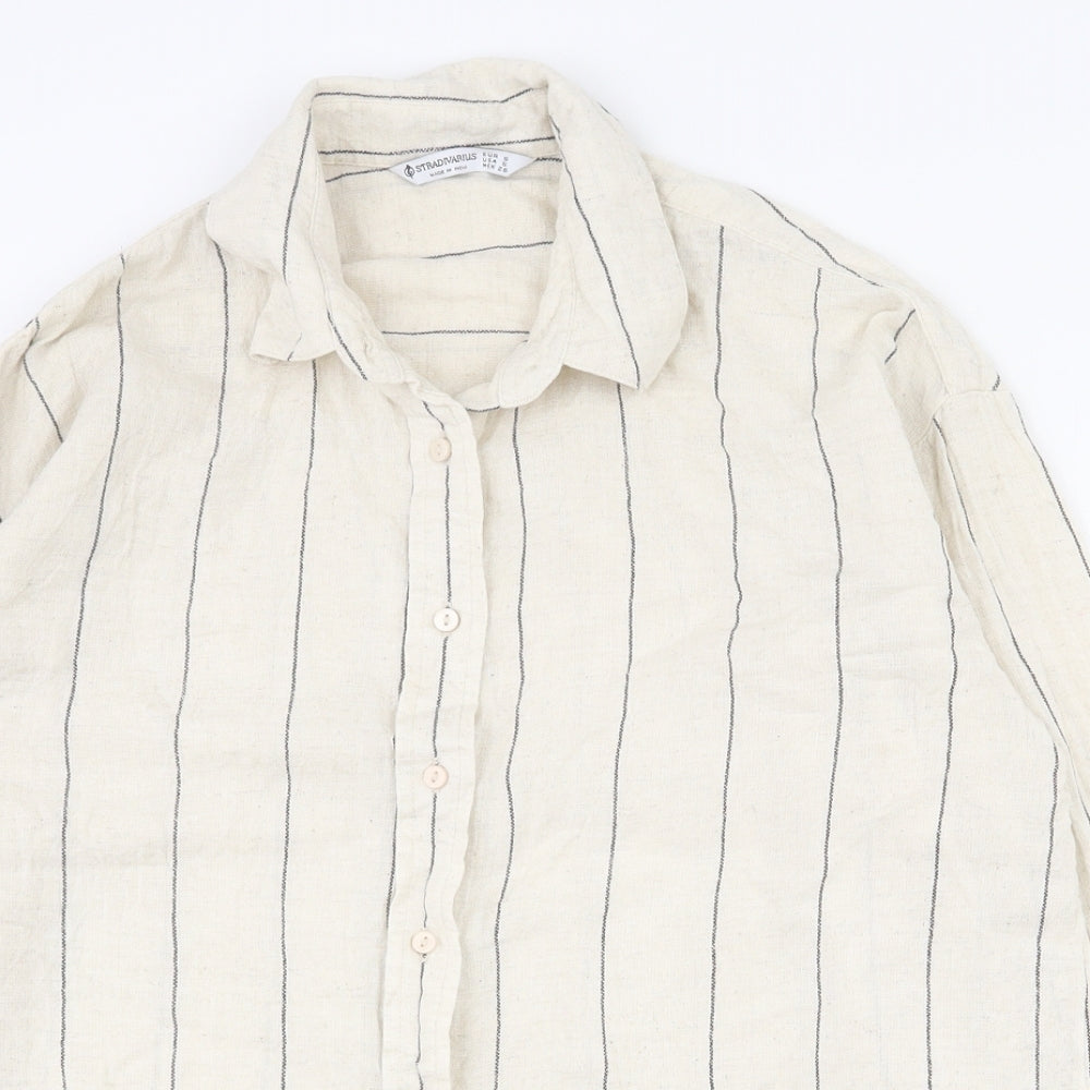 Stradivarius Womens Beige Striped Cotton Basic Button-Up Size S Collared