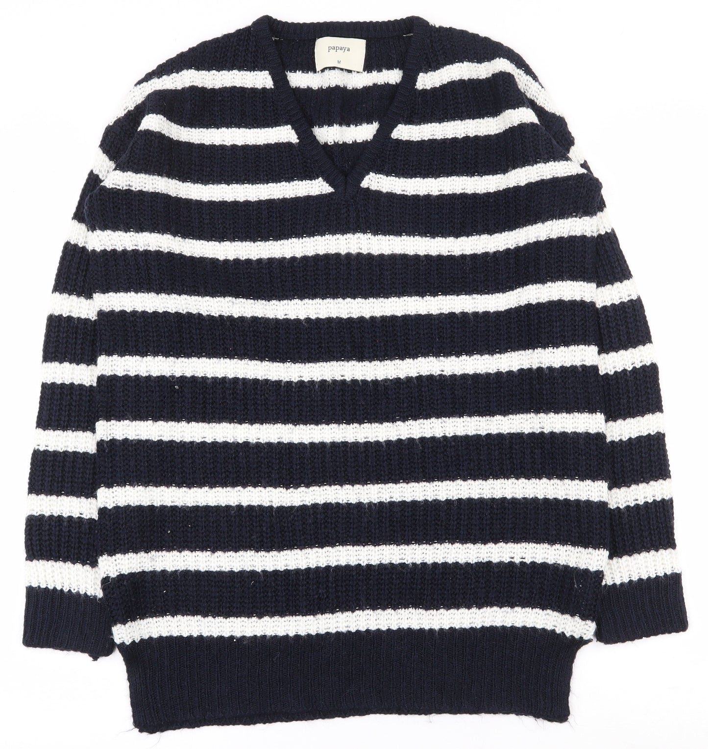 Papaya Womens Blue V-Neck Striped Acrylic Pullover Jumper Size M