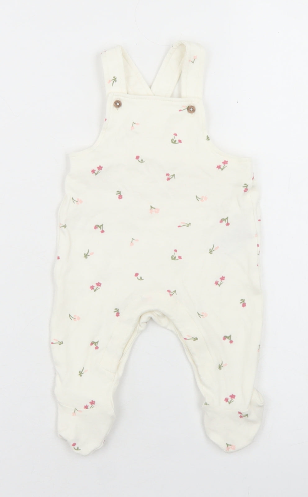 Marks and Spencer Girls White Floral Cotton Dungaree One-Piece Size 0-3 Months  Button
