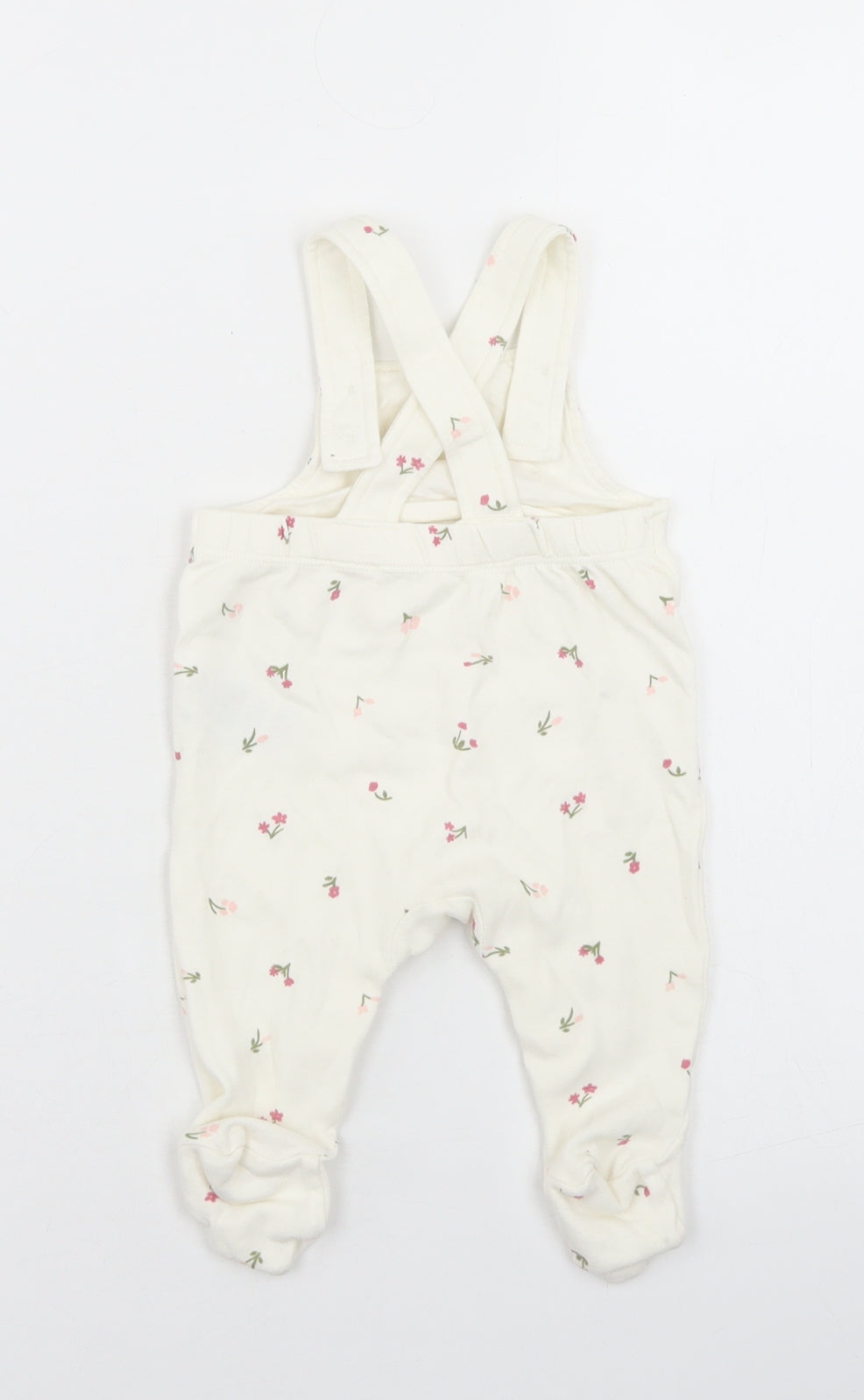 Marks and Spencer Girls White Floral Cotton Dungaree One-Piece Size 0-3 Months  Button