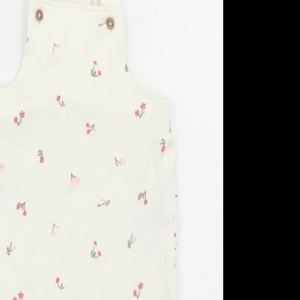 Marks and Spencer Girls White Floral Cotton Dungaree One-Piece Size 0-3 Months  Button
