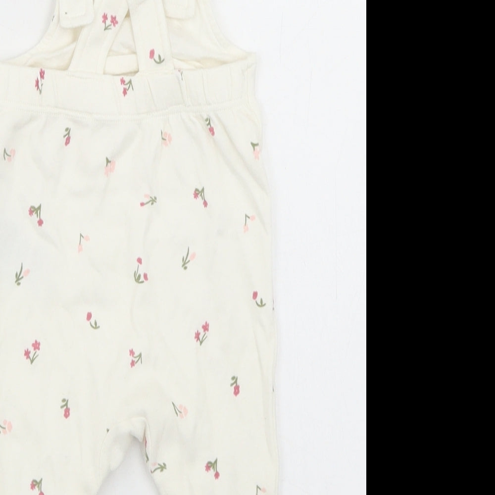 Marks and Spencer Girls White Floral Cotton Dungaree One-Piece Size 0-3 Months  Button