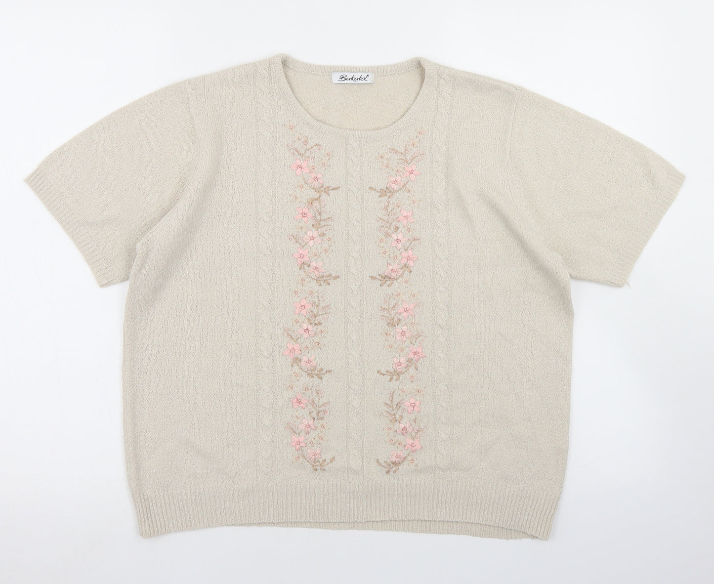 Berkertex Womens Beige Round Neck  Acrylic Pullover Jumper Size 14   - Floral Detail