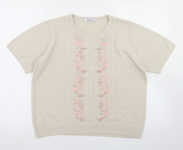 Berkertex Womens Beige Round Neck  Acrylic Pullover Jumper Size 14   - Floral Detail