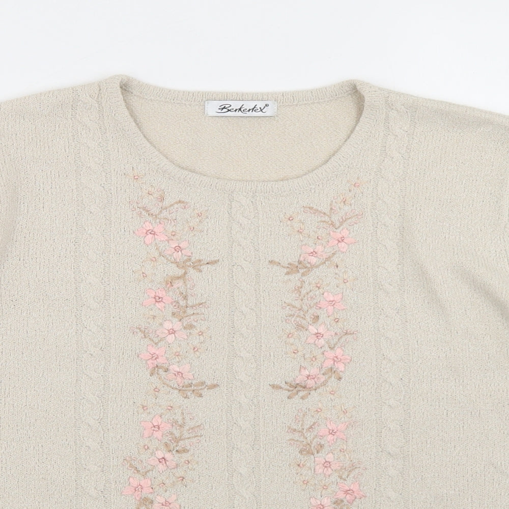 Berkertex Womens Beige Round Neck  Acrylic Pullover Jumper Size 14   - Floral Detail