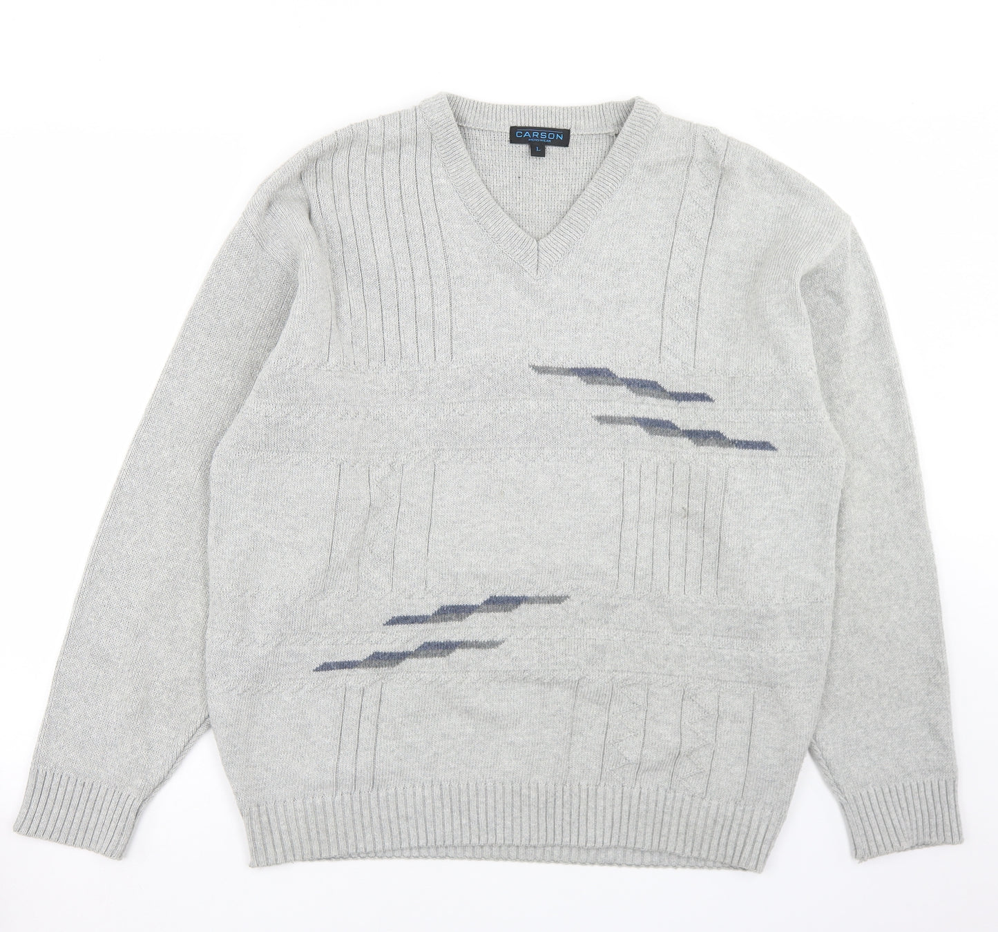 Carson Mens Grey V-Neck  Cotton Pullover Jumper Size L