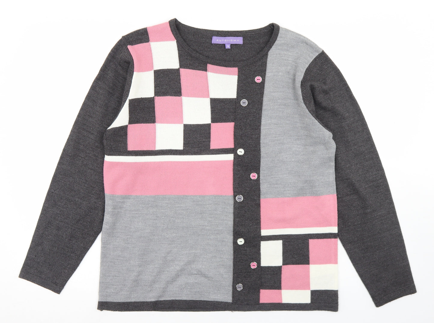 Autonomy Womens Grey Round Neck Check Acrylic Pullover Jumper Size M