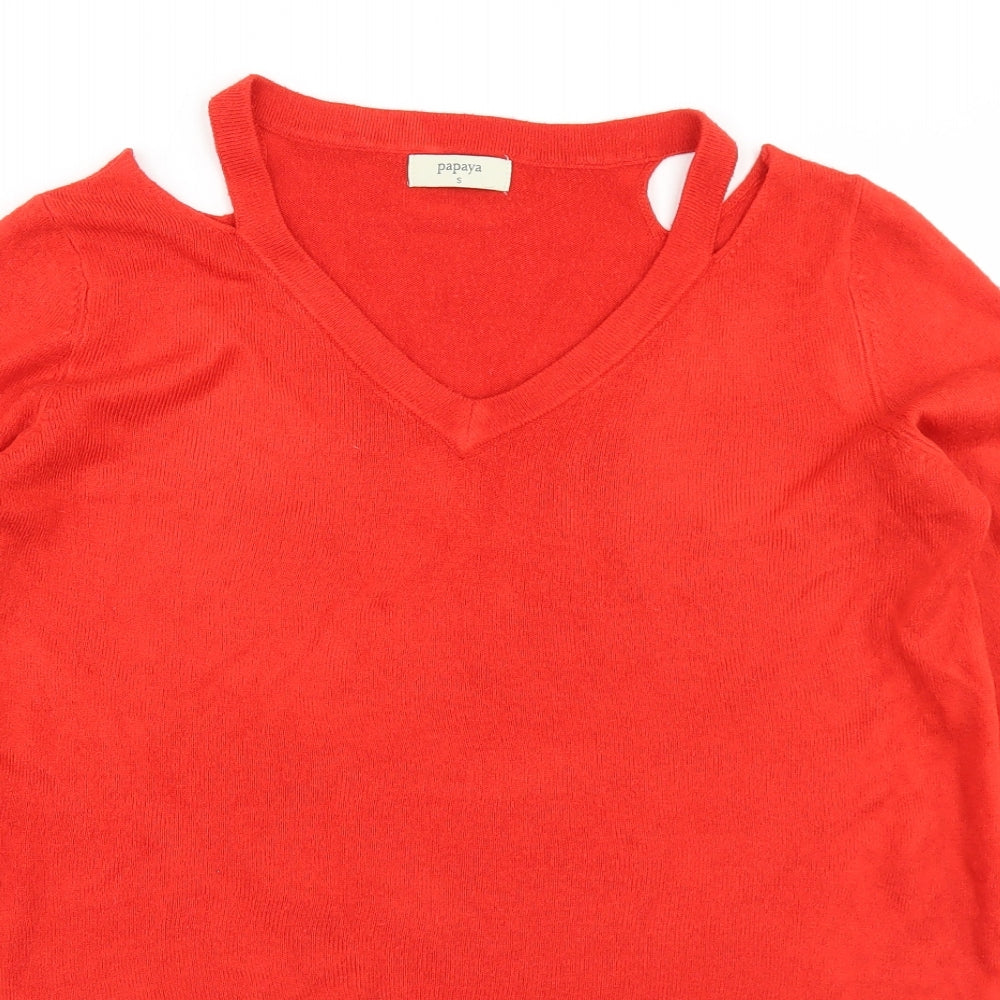 Papaya Womens Red V-Neck  Acrylic Pullover Jumper Size S   - Cut outs
