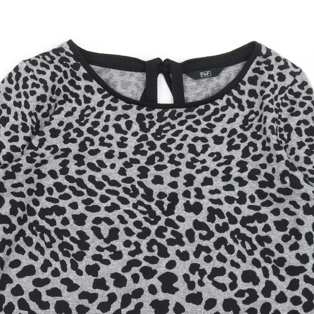 F&F Womens Grey Animal Print Polyester Basic T-Shirt Size 12 Round Neck