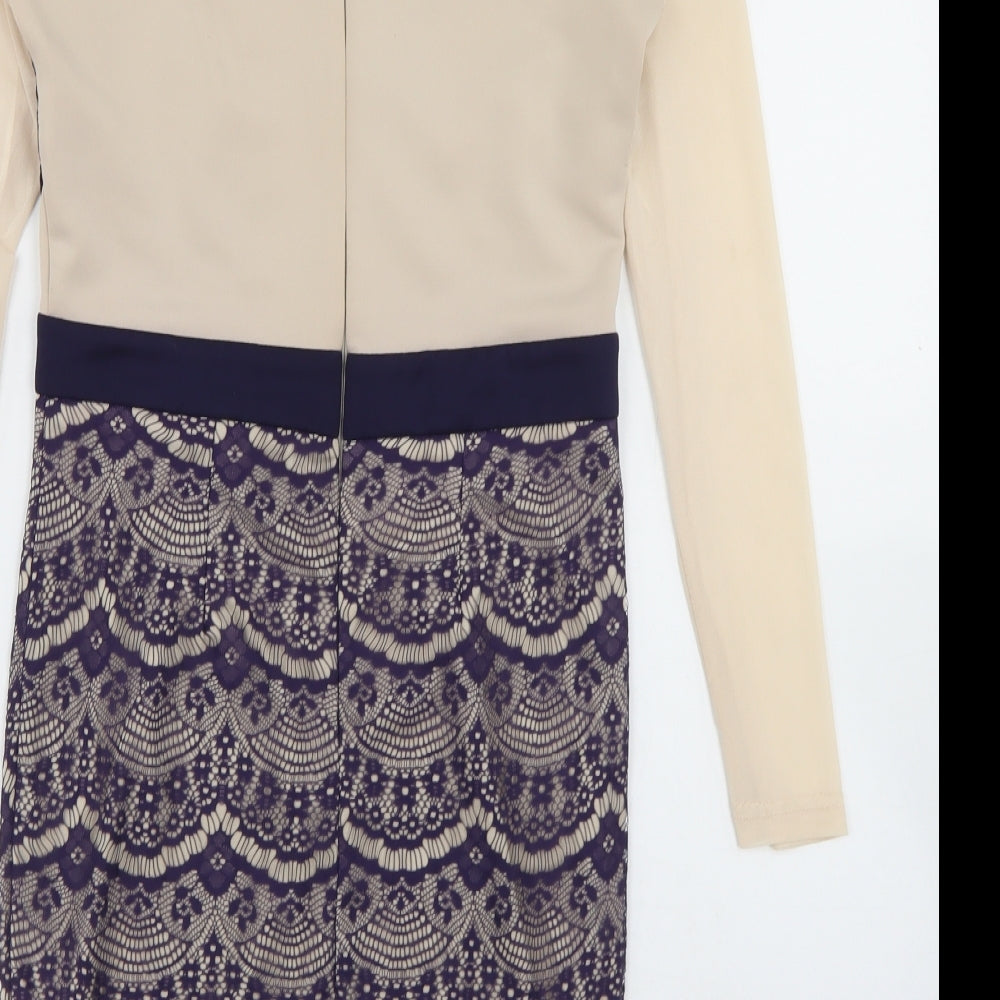 Boohoo Womens Beige  Polyester Pencil Dress  Size 10  Round Neck Zip - Lace