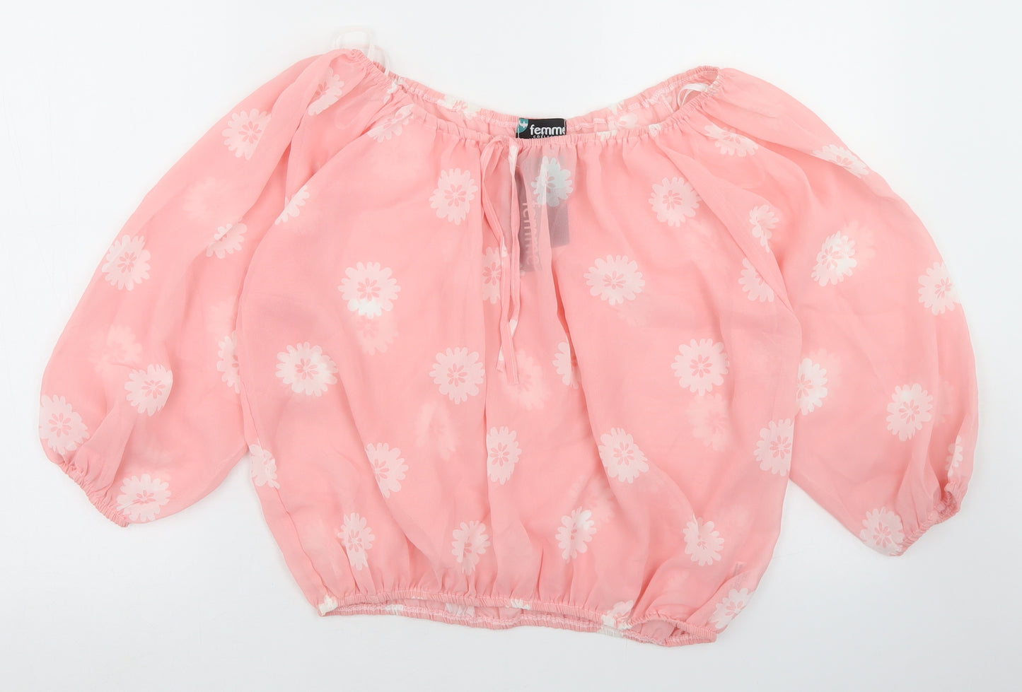 Femme Womens Pink Floral Polyester Basic Blouse Size L Boat Neck - Puff Sleeve