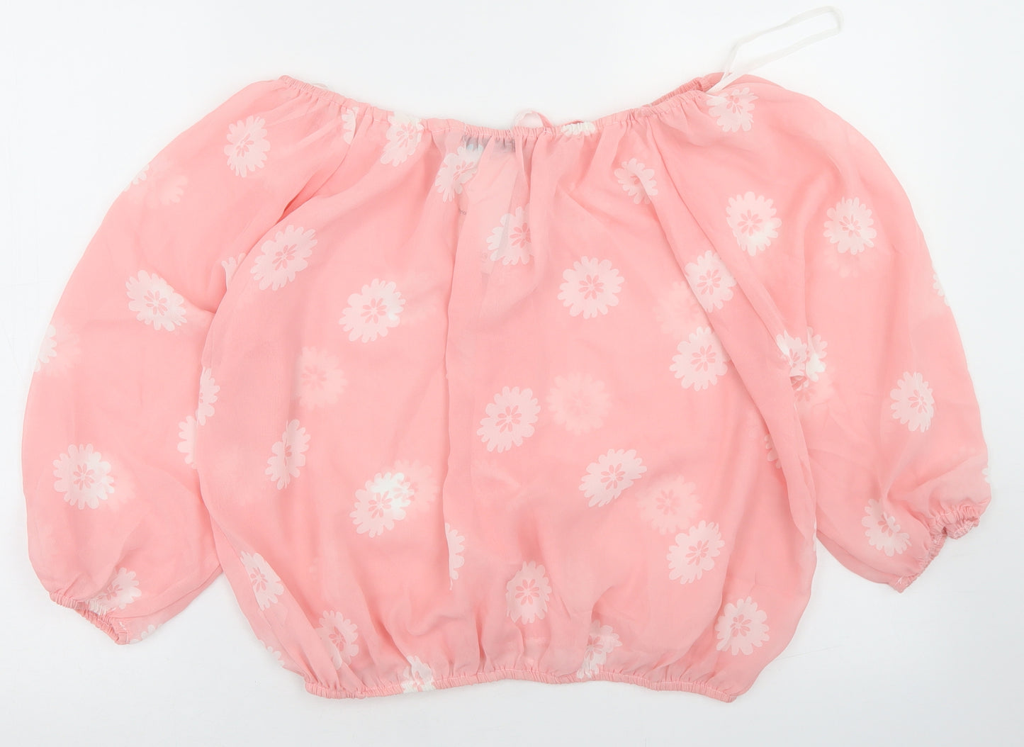 Femme Womens Pink Floral Polyester Basic Blouse Size L Boat Neck - Puff Sleeve