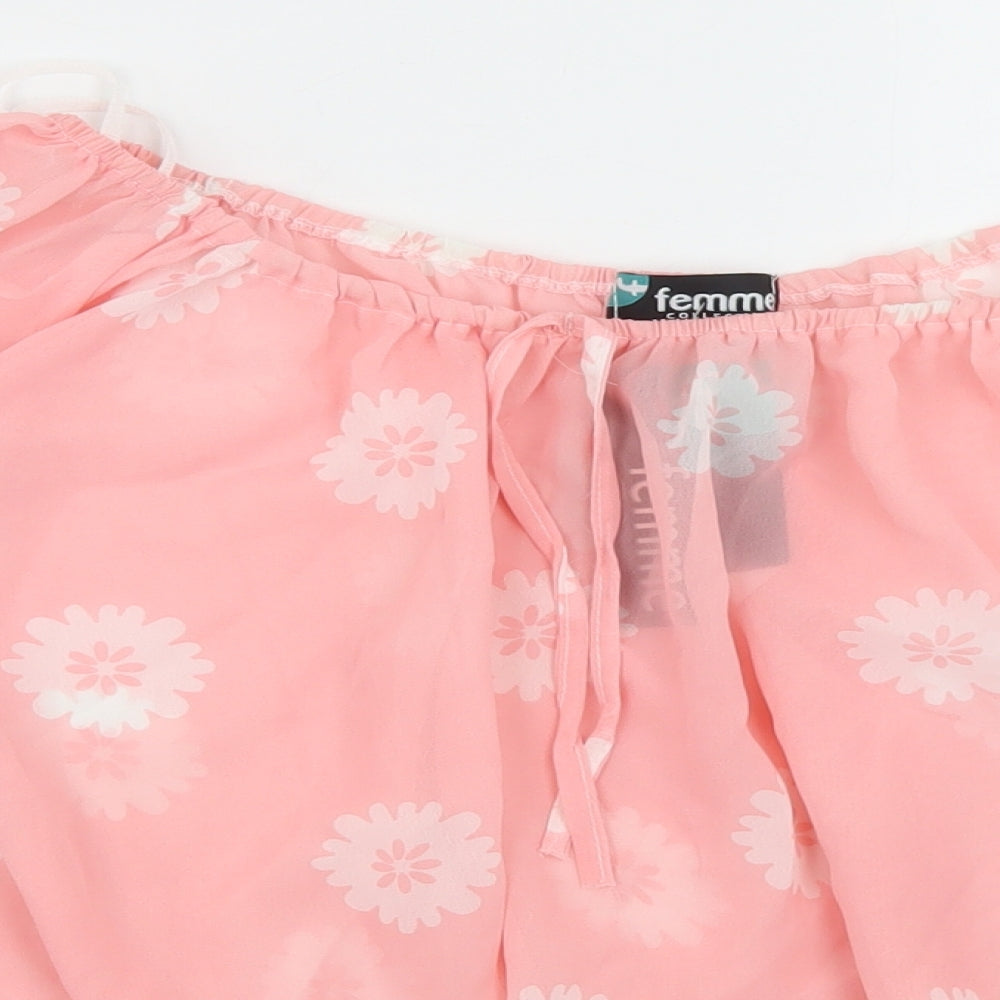 Femme Womens Pink Floral Polyester Basic Blouse Size L Boat Neck - Puff Sleeve