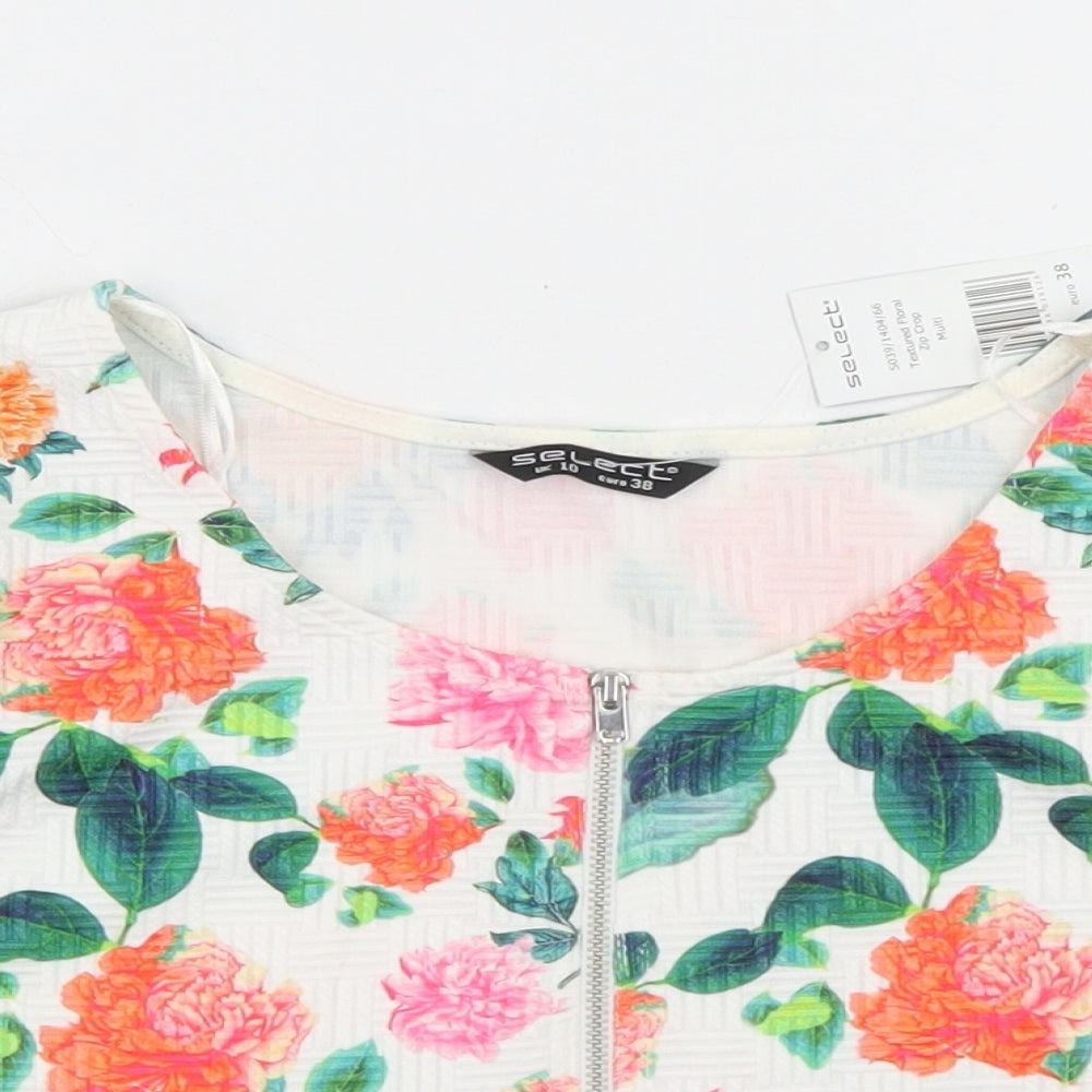 Select Womens White Floral Polyester Cropped T-Shirt Size 10 Round Neck