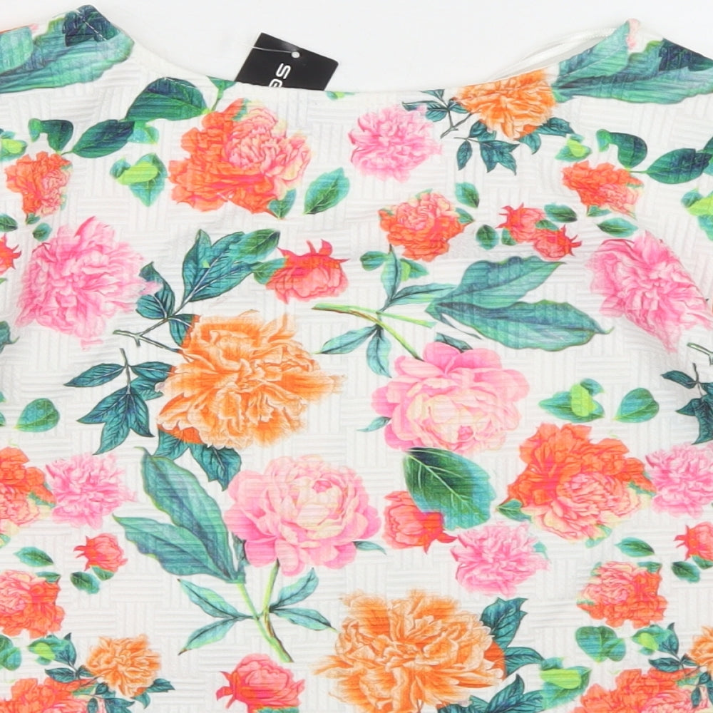 Select Womens White Floral Polyester Cropped T-Shirt Size 10 Round Neck