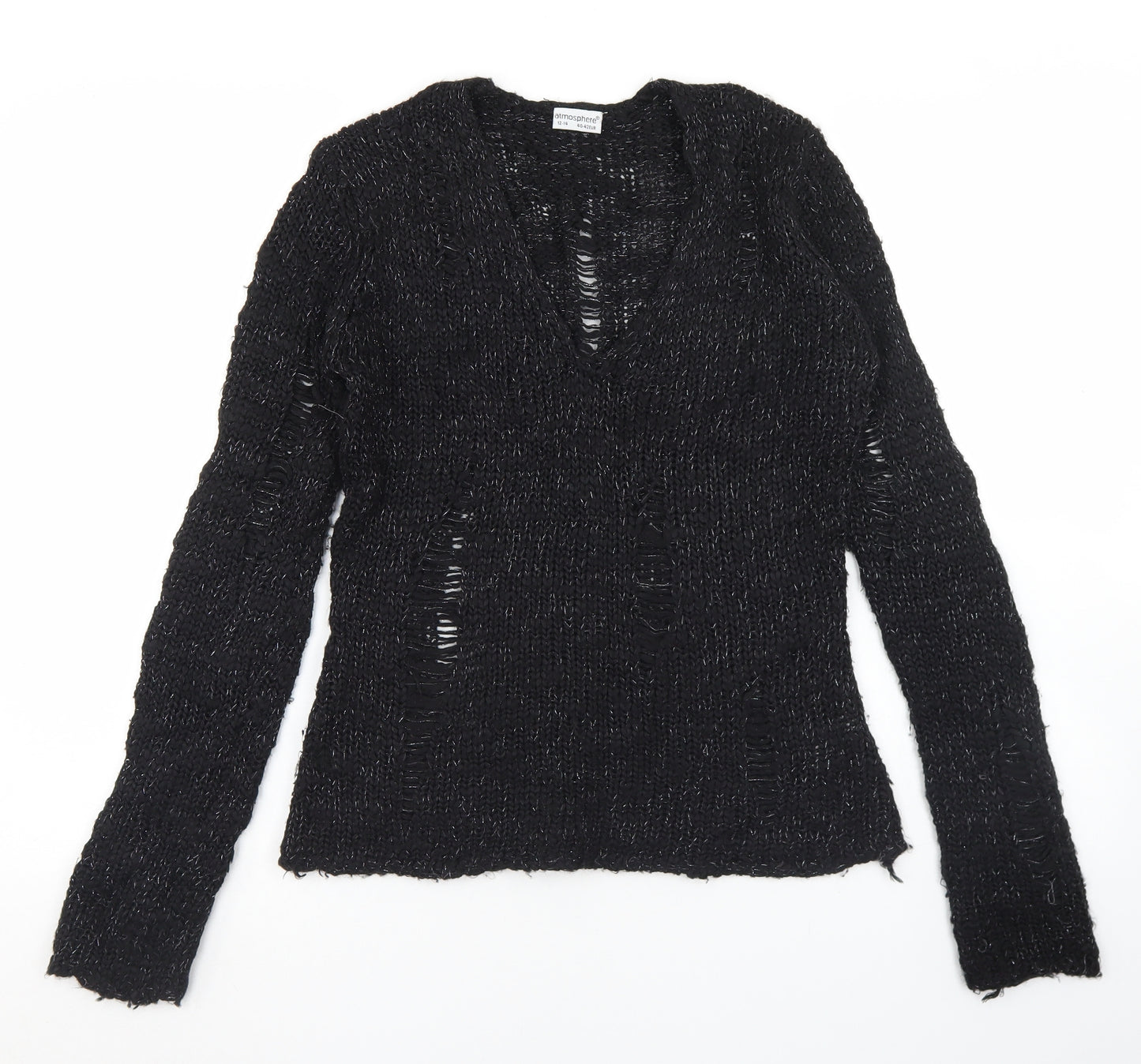 Atmosphere Womens Black V-Neck  Acrylic Pullover Jumper Size 12   - Distressed