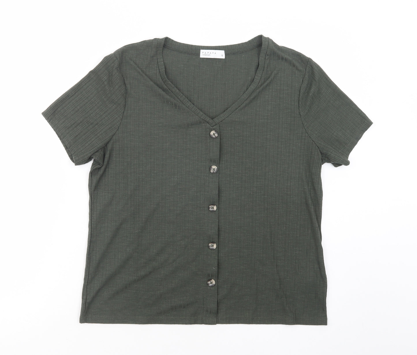 Papaya Womens Green  Polyester Basic Button-Up Size 12 V-Neck
