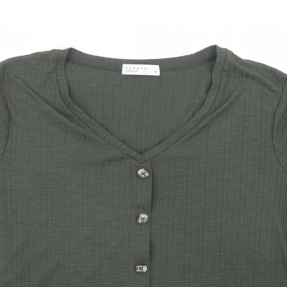 Papaya Womens Green  Polyester Basic Button-Up Size 12 V-Neck