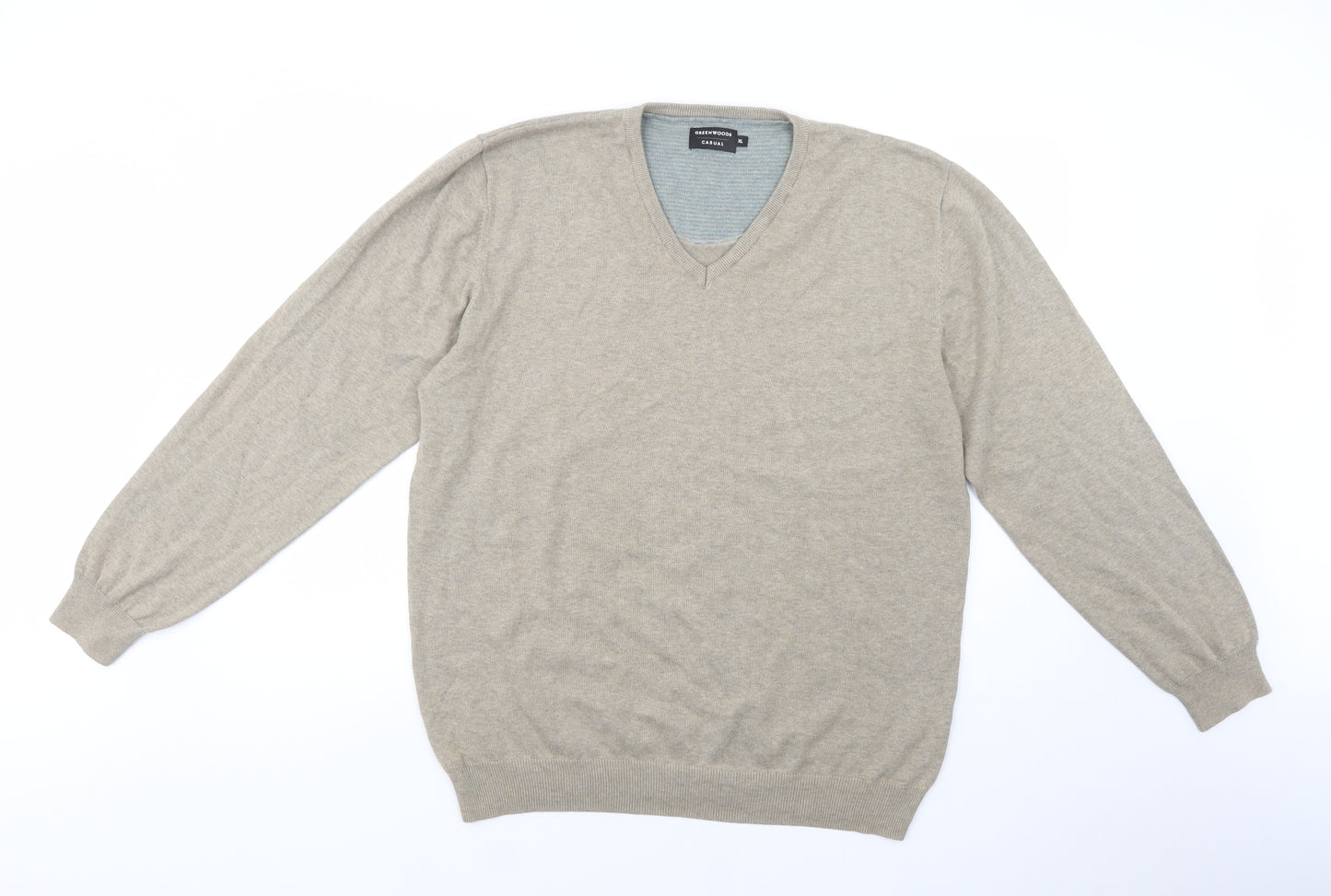 Greenwoods Mens Beige V-Neck  Cotton Pullover Jumper Size XL