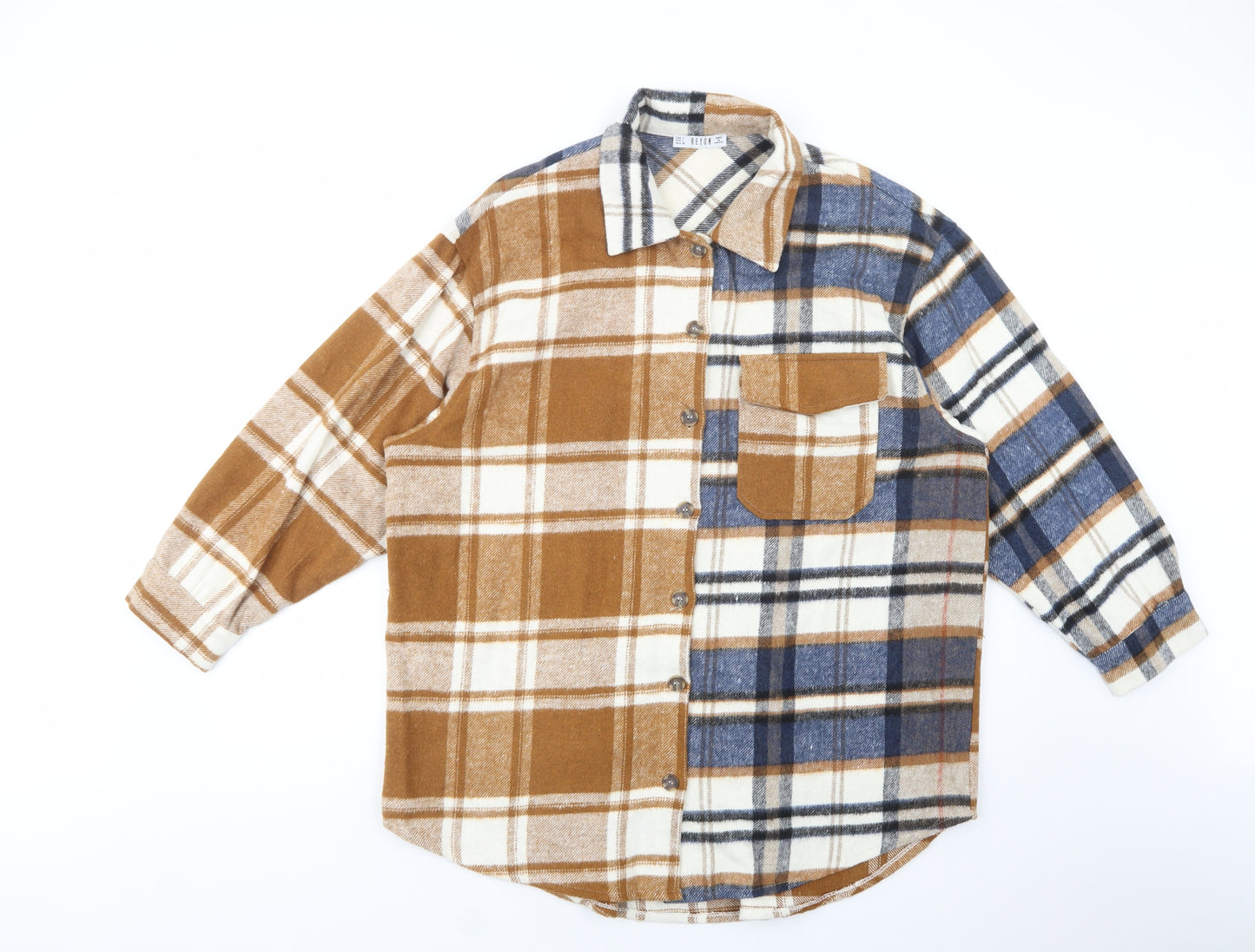 Reyon Womens Brown Plaid Cotton Tunic Button-Up Size L Collared