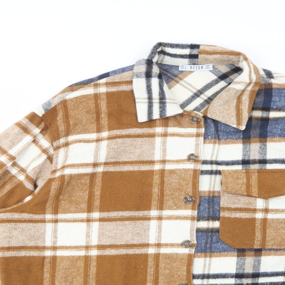 Reyon Womens Brown Plaid Cotton Tunic Button-Up Size L Collared