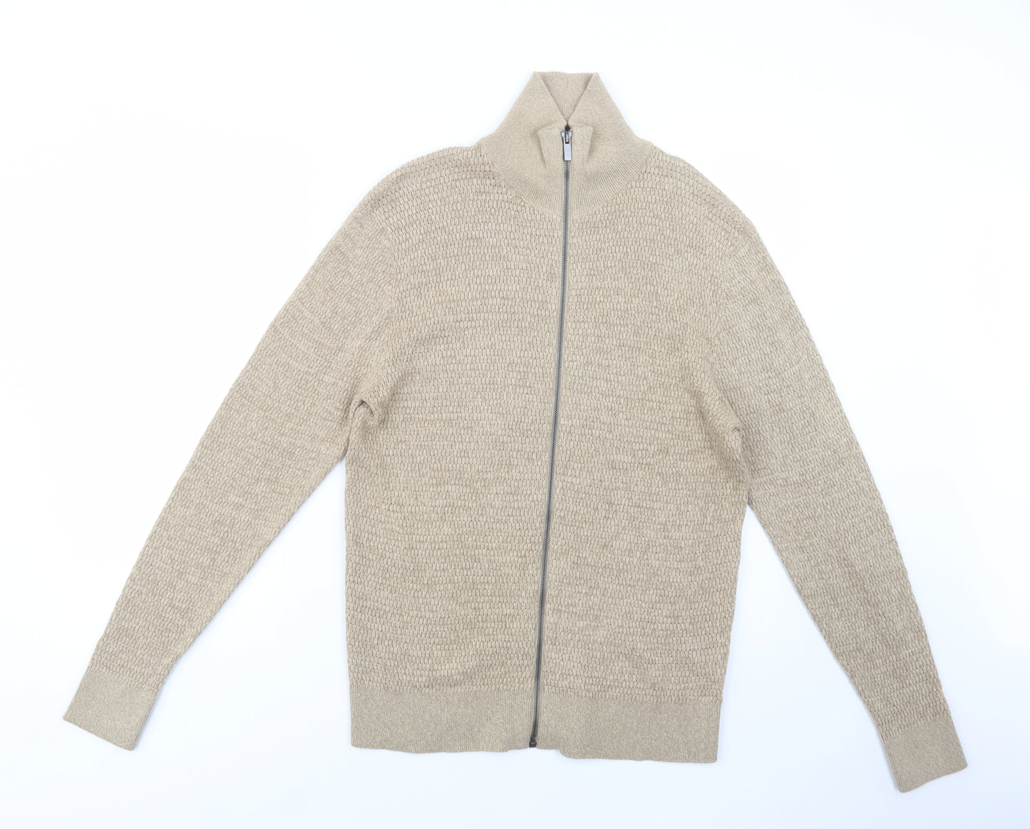 George Mens Beige High Neck  Cotton Full Zip Jumper Size M