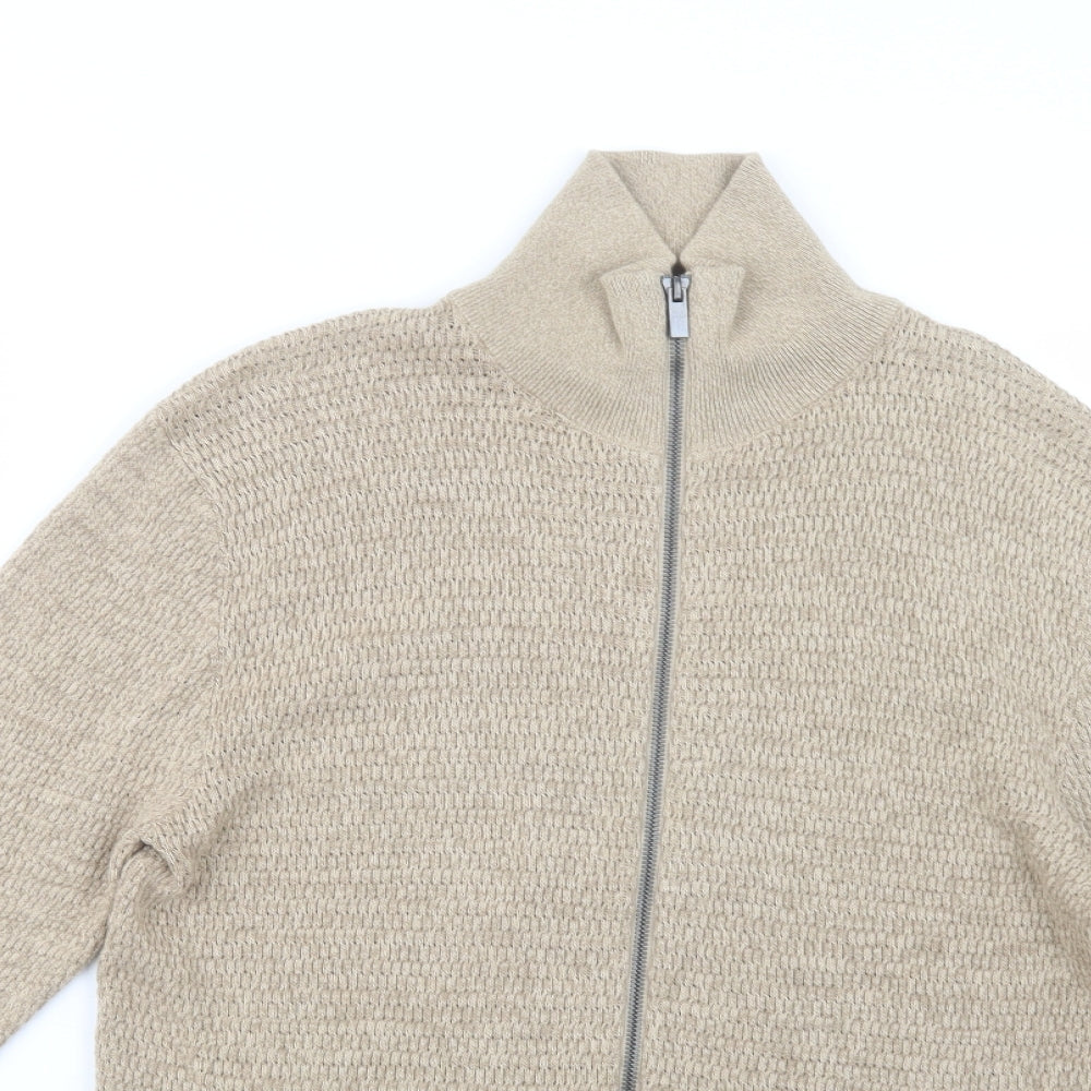 George Mens Beige High Neck  Cotton Full Zip Jumper Size M